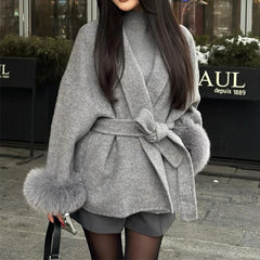 TARUXY Fox Fur Woolen CoatsWomen's Short Coat Office Lady Removable Elegant Double-sided Wool Overcoat New Cardigan Jacket