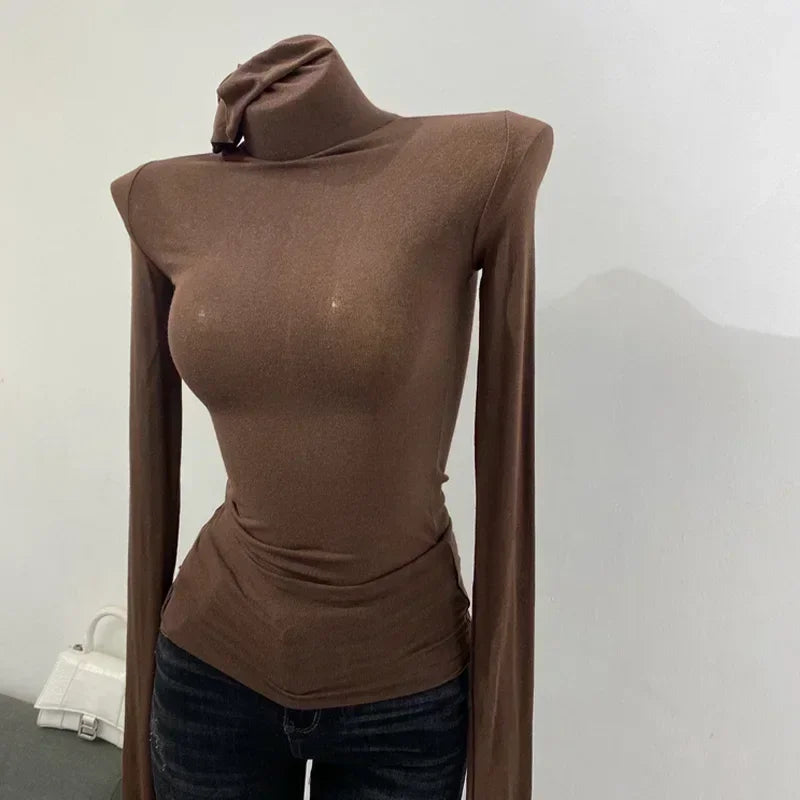 Turtleneck Slim High Quality Plain T Shirt Women Cotton Elastic Basic Female Tops Long Sleeve Sexy Thin T-shirt See Through