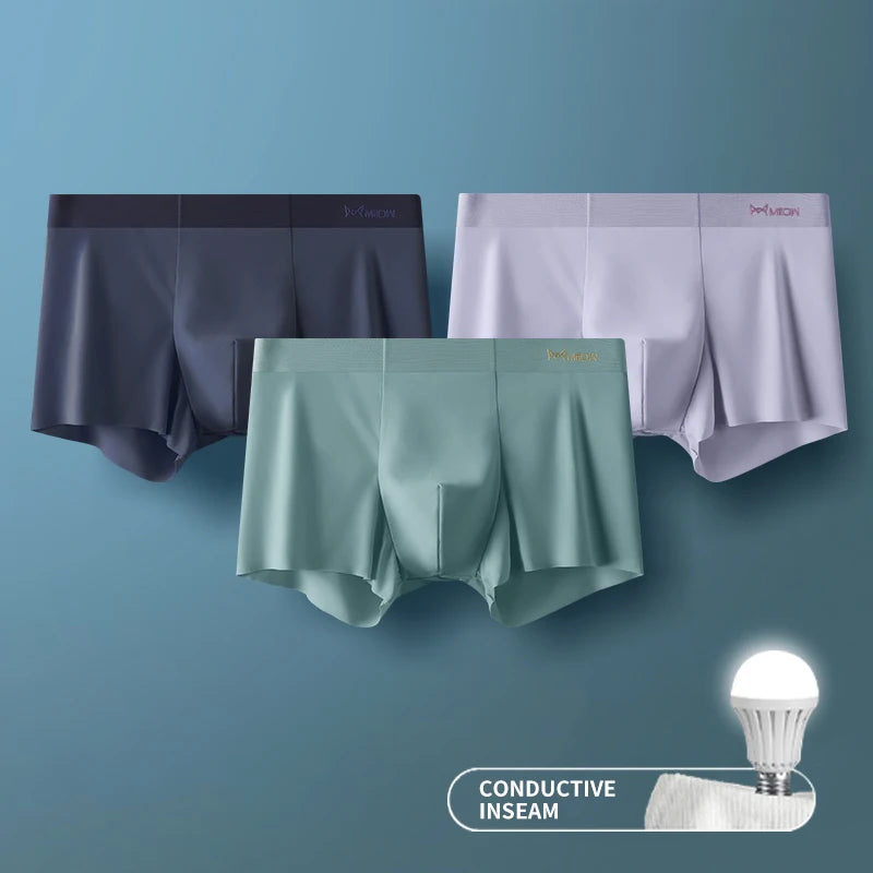 3Pcs Ice Silk Man Underwear Boxer Metal Fiber Antistatic Men Underpants Seamless Cut Hem Men's Panties Boxers Shorts Trunk