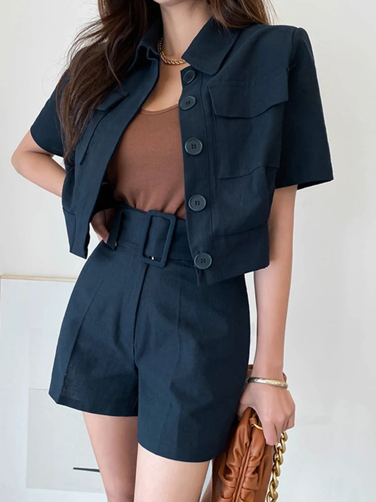 New Fashion  Style  Summer Women 2 Pieces Outfit Suit Formal Casual Short Cropped Tops Shirt Blouse And Shorts Slim Set