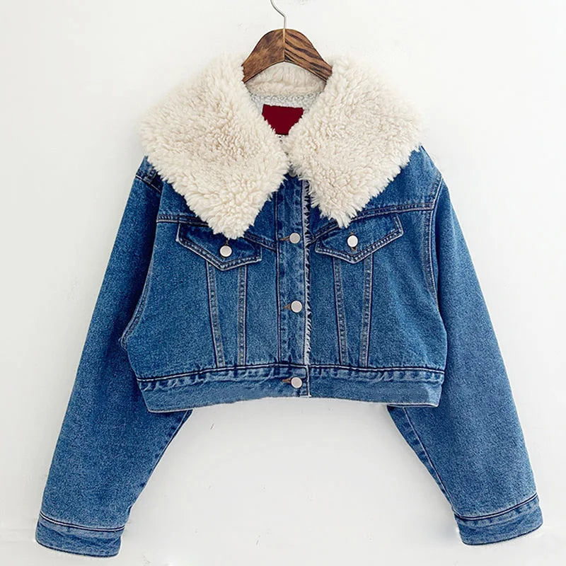 Women's Lambswool Lapel Denim Fleece Jacket  Style Cute  Quilted Coat For Ladies Fashion Short Cotton Coat Females