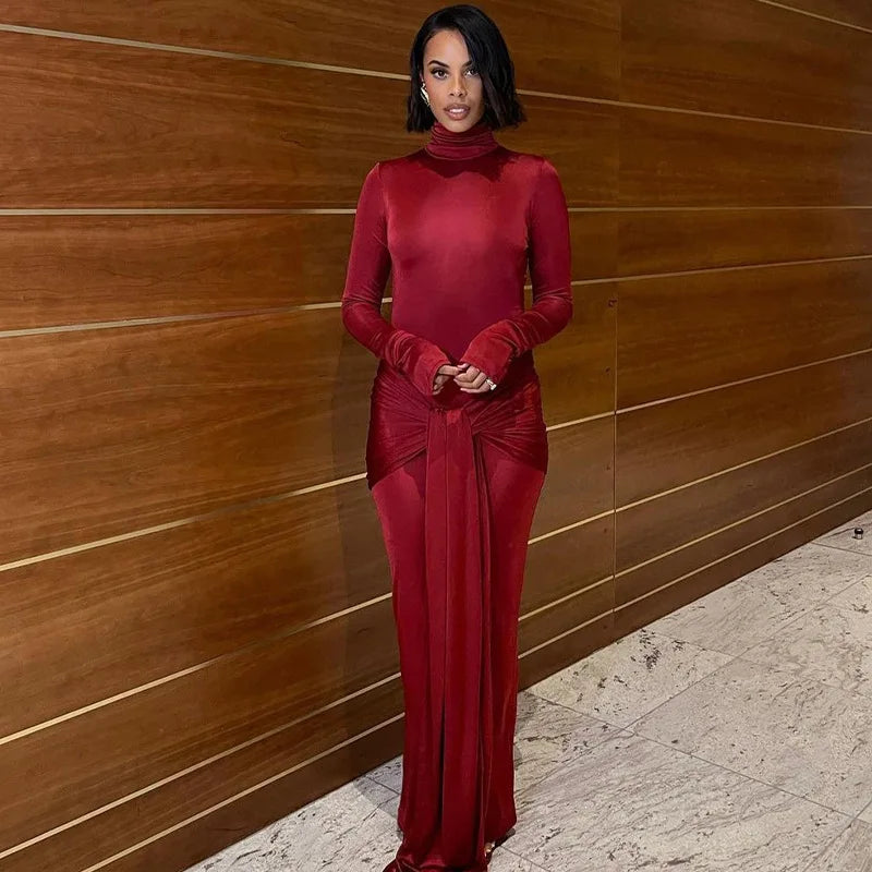Turtleneck Long Sleeve Bodycon Dress Women Tight Elastic Lace-up Maxi Dresses Winter Evening Party Curvy Robe Red Brown 2025 New
