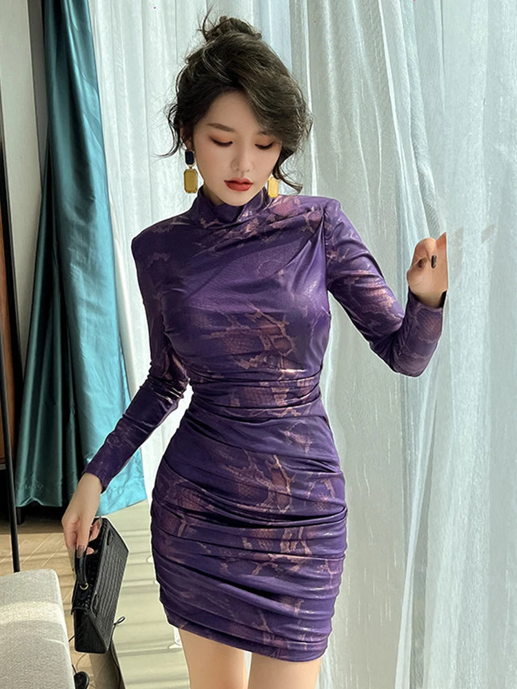 Retro Elegant Fashion Dresses for Women  Purple Snake Print Bodycon Skinny Mini Dress Party Femme Clothes Prom Club Vestidos