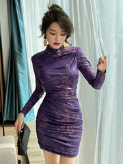 Retro Elegant Fashion Dresses for Women  Purple Snake Print Bodycon Skinny Mini Dress Party Femme Clothes Prom Club Vestidos