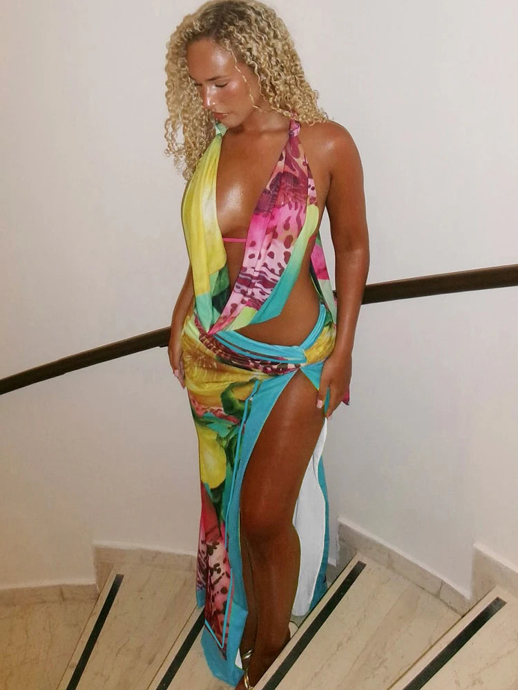 Weird Puss Colorful Leopard Women 2 Piece Set  Beach Vacation Halter Tank Tops+Wrapped Maxi Skirts Matching Vacation Clubwear