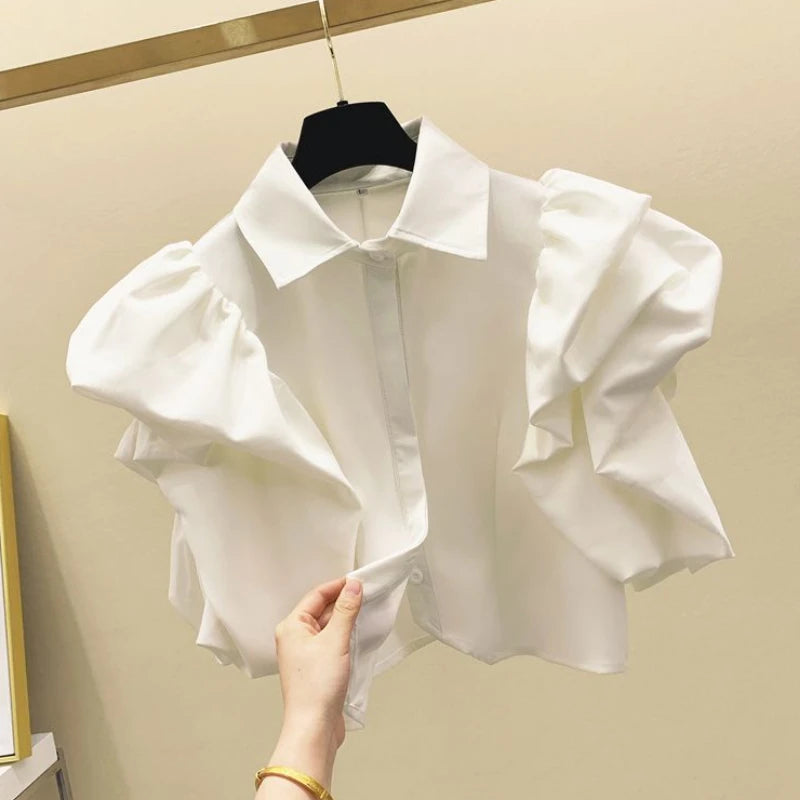 Women's Kawaii Puff Sleeve Crop Top – Vintage Aesthetic Ruffle Shirt | Korean Style Summer Fashion 2025