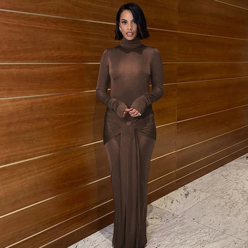 Turtleneck Long Sleeve Bodycon Dress Women Tight Elastic Lace-up Maxi Dresses Winter Evening Party Curvy Robe Red Brown 2025 New