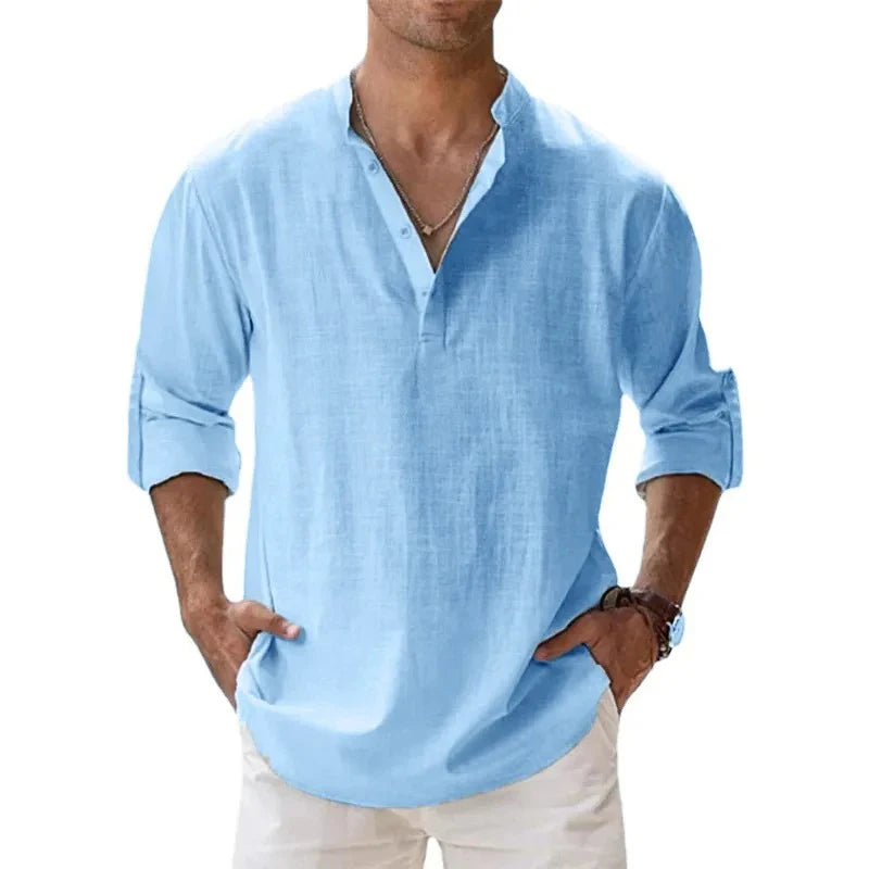 Men’s Cotton-Linen Long Sleeve Shirt – Henley Style, Lightweight & Breathable