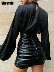 Shestyle White Satin Lantern Sleeve Blouse Office Lady Spring Solid Shine Loose Sexy Short Crop Tops Women High Waist Work Shirt