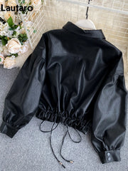 Lautaro Women's Short PU Leather Jacket – Black, Lightweight & Soft | Puff Sleeve, Casual Loose Fit