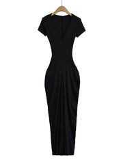 Spicy Girl Sexy Short Sleeved Dress  Summer New High Waist Wrapped Hip Tight Large V-neck Long Dress 90AU