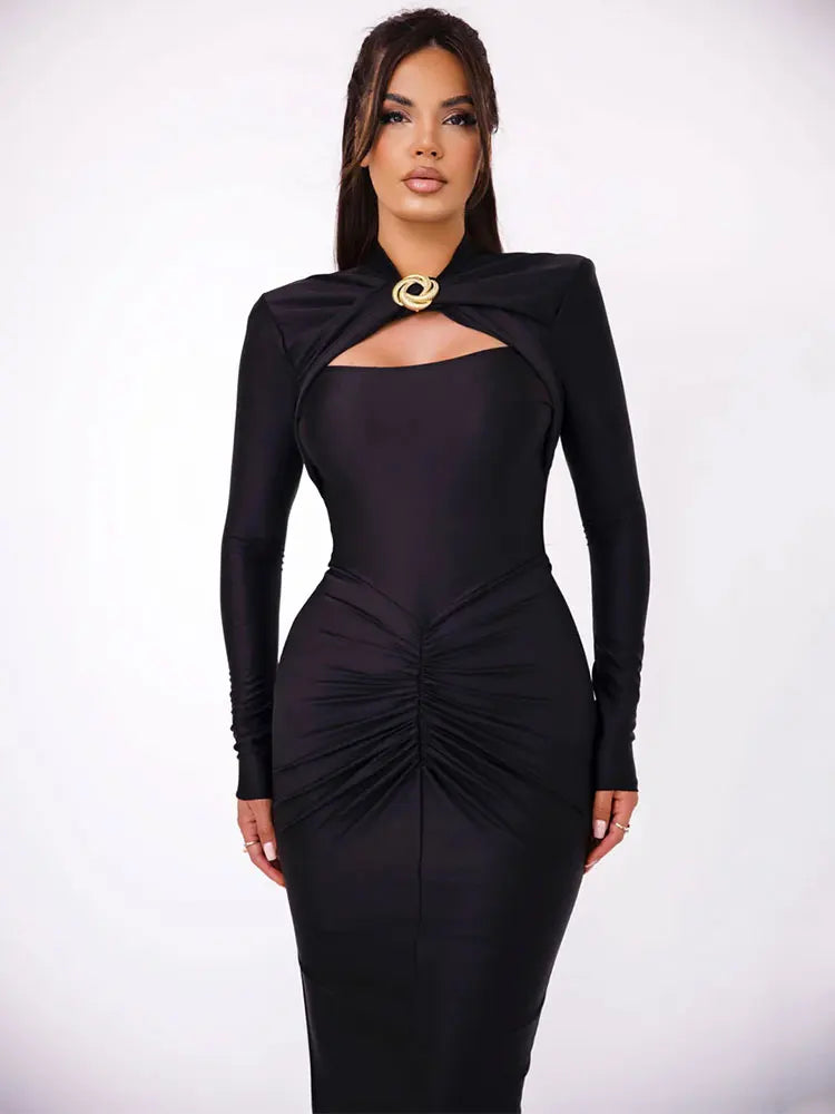 Women's 2025 Sexy Hollow Out Ruched Maxi Dress – Elegant Slim Fit Long Sleeve Slit Gown for Autumn/Winter Parties & Evenings