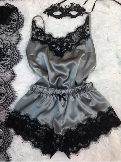 New Women's Pajamas Silk Sexy Pajama Set Black Lace V-Neck Pajama Suspender Top and Shorts Lace Pajama Set Home Underwear Dress
