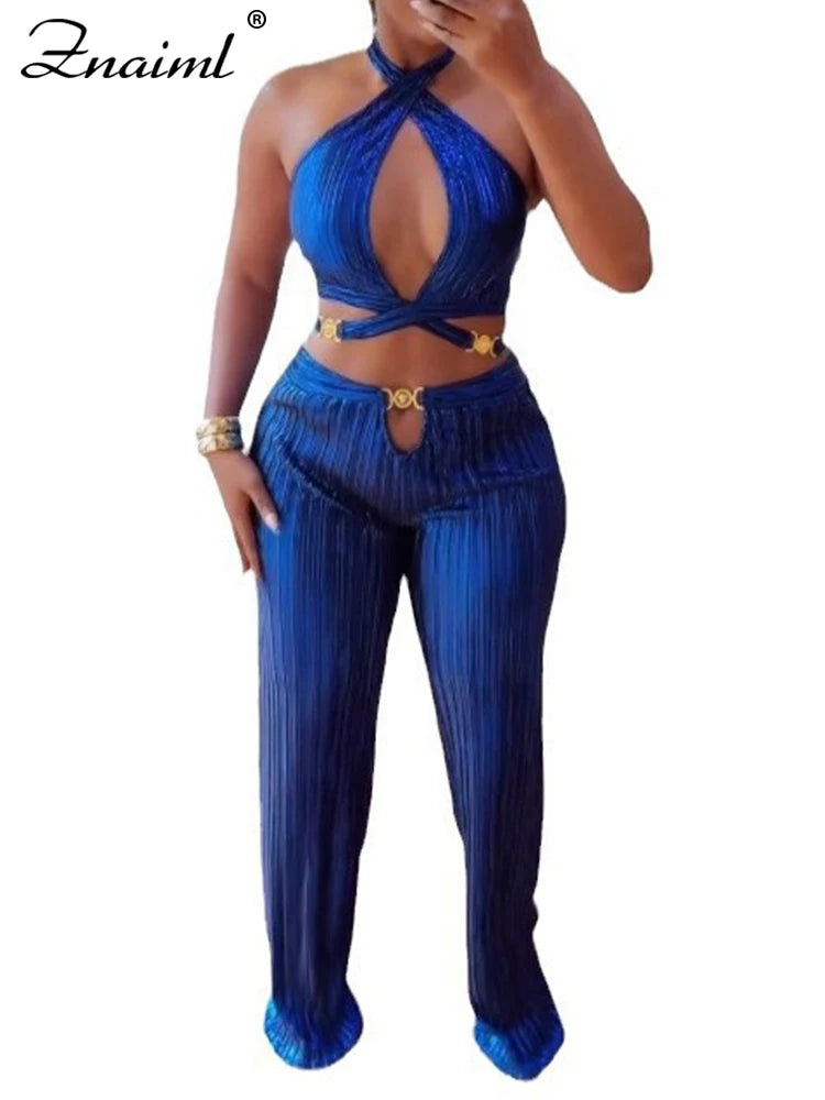 Women's 2-Piece Bandage Set – Hollow Out Crop Top & Wide-Leg Pants Nightclub Outfit