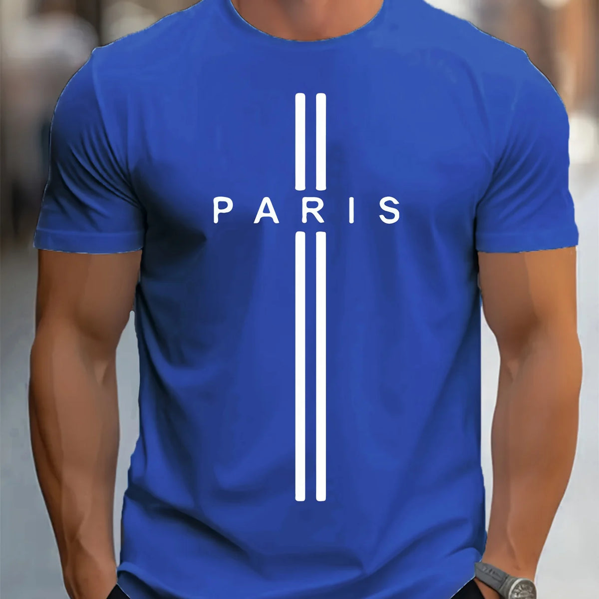 Men's  loose fitting oversized Paris print casual slim fit round neck short sleeved T-shirt top