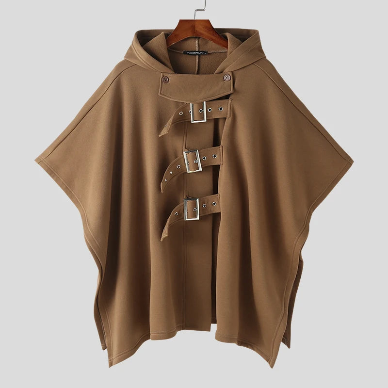 2025 Men Cloak Coats Solid Color Hooded Button Irregular Trench Ponchos Streetwear Loose Fashion Casual Male Cape S-5XL INCERUN