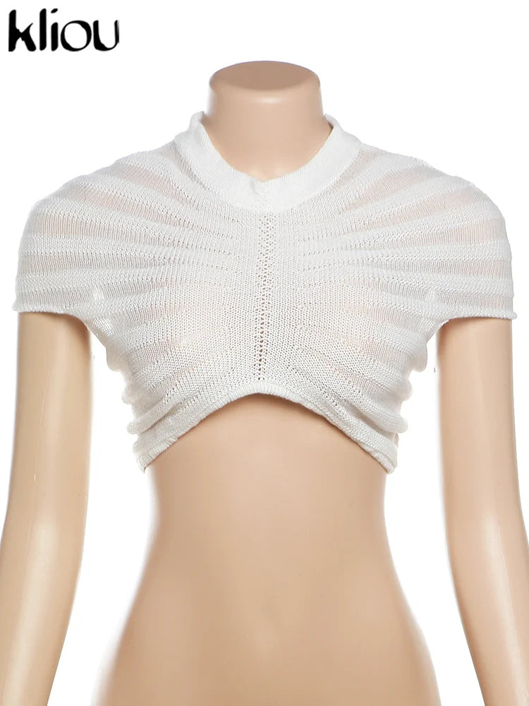 Striped Patchwork Sheer Knit Top for Women – Short Sleeve, Bare Midriff | All-Season Streetwear