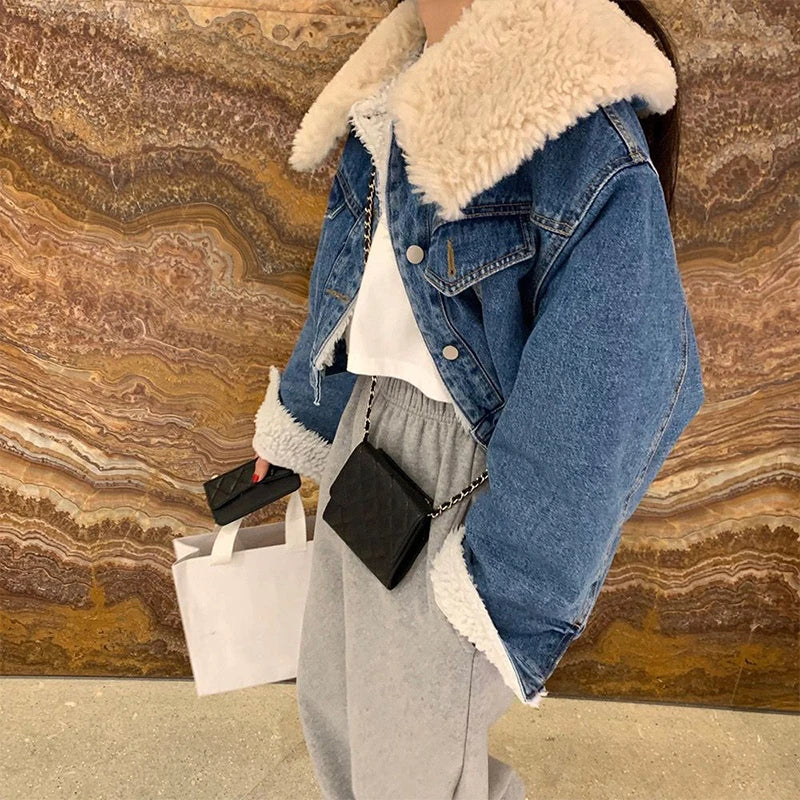 Women's Lambswool Lapel Denim Fleece Jacket  Style Cute  Quilted Coat For Ladies Fashion Short Cotton Coat Females