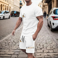 New men's fashionable casual clothing summer sports round neck short-sleeved T-shirt and drawstring shorts breathable suit