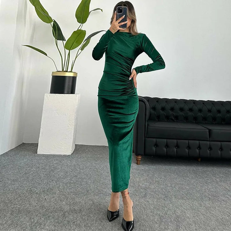 2025 Spring Summer Velvet Long Sleeve Midi Dress For Women Ruched Long Dress Elegant Party Clothes Evening Green Outfits
