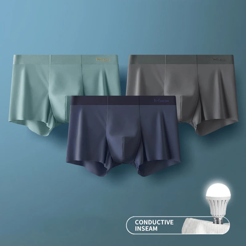 3Pcs Ice Silk Man Underwear Boxer Metal Fiber Antistatic Men Underpants Seamless Cut Hem Men's Panties Boxers Shorts Trunk