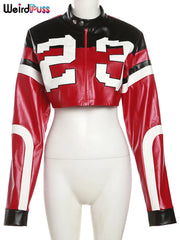 Faux Leather Varsity Jacket Women Hipster Letter Print  Casual Sporty Wild Streetwear Uniform Trend Crop Coat