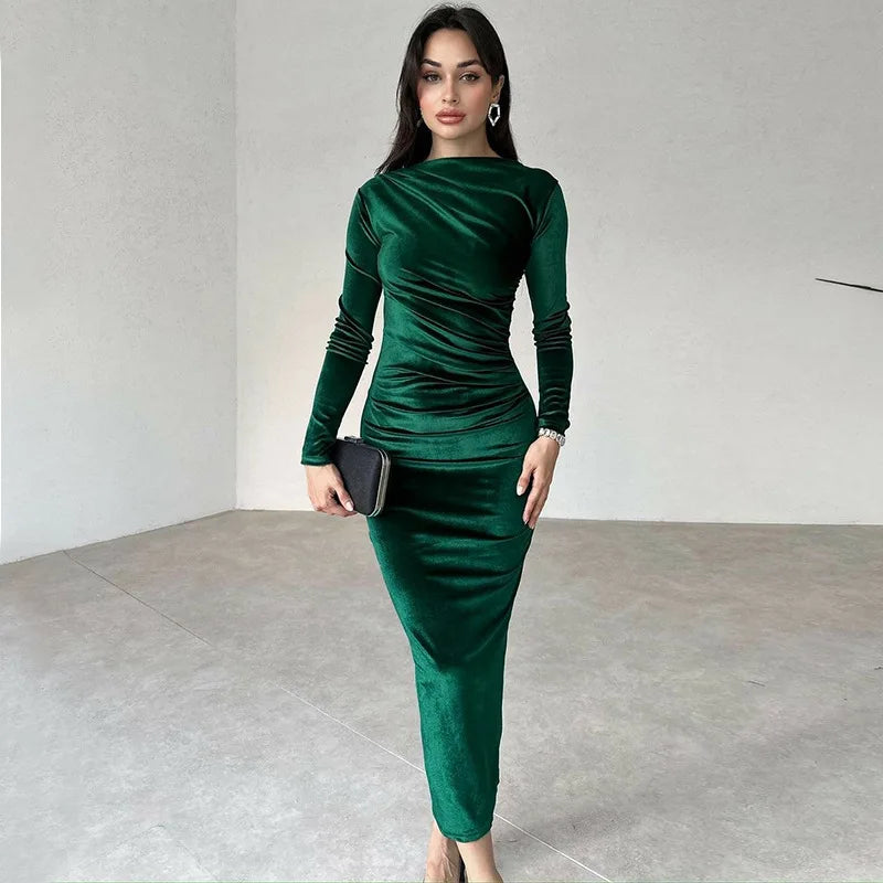2025 Spring Summer Velvet Long Sleeve Midi Dress For Women Ruched Long Dress Elegant Party Clothes Evening Green Outfits