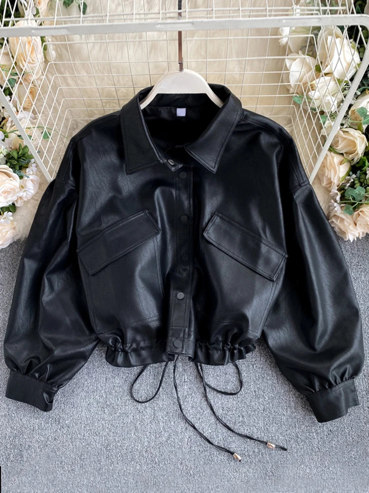 Lautaro Women's Short PU Leather Jacket – Black, Lightweight & Soft | Puff Sleeve, Casual Loose Fit