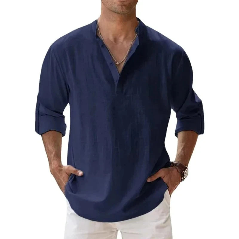 Men’s Cotton-Linen Long Sleeve Shirt – Henley Style, Lightweight & Breathable