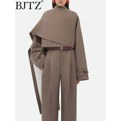 BJTZ Solid Patchwork Button Chic Coats For Women Scarf Collar Long Sleeve Asymmetrical Temperament Jacket Female Style