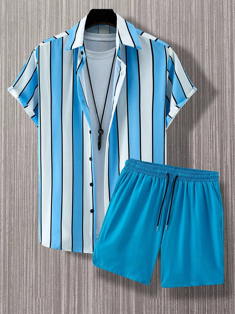New Men's Hawaii Beach Casual Suit Single Breasted Short Sleeve Shirt And ShortsVacation Travel Striped Suit