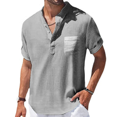 Men’s Summer Linen Shirt – Stand Collar Short Sleeve Casual Top with Pocket