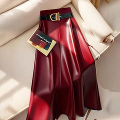 High end goddess style high-end red PU skirt for women new Leather midi skirt, mid length umbrella skirt