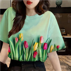 Ladies Casual Fashion Loose Simplicity Elegant Trendtemperament O-neck Printing Short  New Style pullover top tee