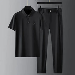 Simplicity Casual  Solid Ice Silk New Men's Lapel Button Pockets Loose Short Sleeve Tops Trend Elastic Waist Pants Sets