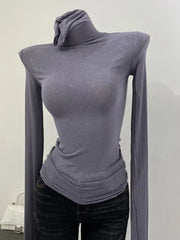 Turtleneck Slim High Quality Plain T Shirt Women Cotton Elastic Basic Female Tops Long Sleeve Sexy Thin T-shirt See Through