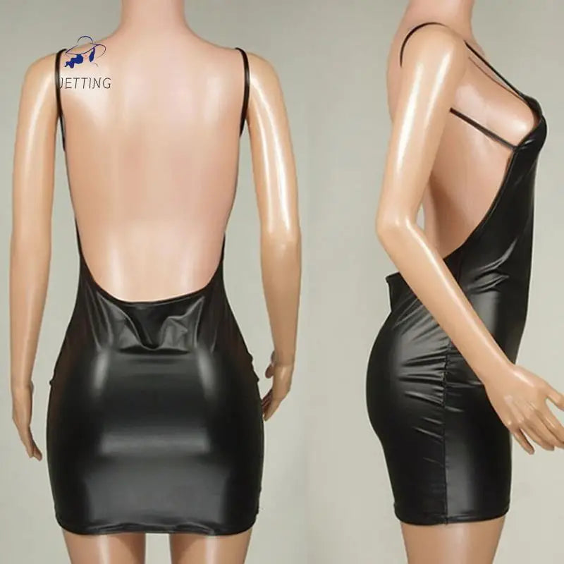 Sexy Glossy Faux Leather Dress Backless Club Party Short Shaping Dress Solid Black Wet Look Bodycon Push Up Bra Latex Mini Dress 2025
