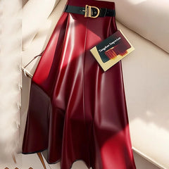 High end goddess style high-end red PU skirt for women new Leather midi skirt, mid length umbrella skirt
