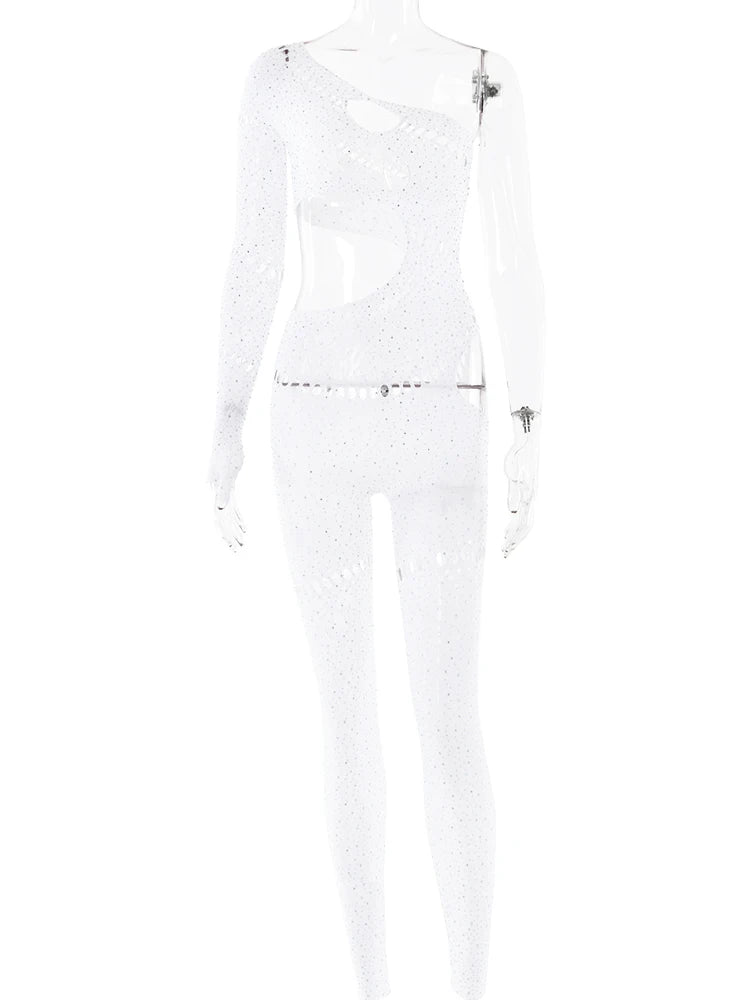 Sibybo Sexy Single Rotator Cuff Hollow Out High Elastic Jumpsuit Luminous Rhinestones Solid Color Trousers Spicy Girl Streetwear