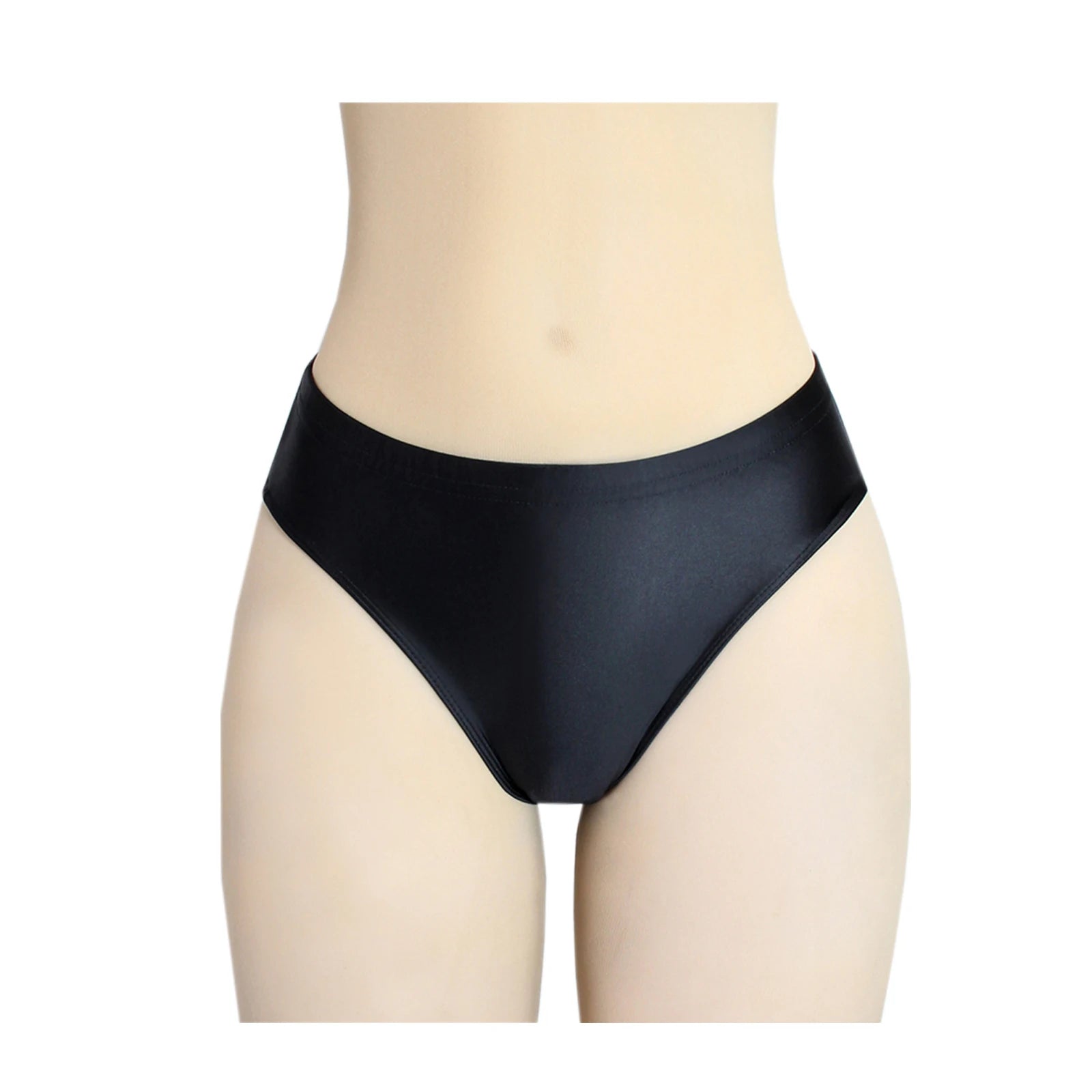 Stretchy, tight, smooth and shiny women's swim trunks with elastic waist and mid-crotch design, suitable for both wearing inside