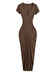 Spicy Girl Sexy Short Sleeved Dress  Summer New High Waist Wrapped Hip Tight Large V-neck Long Dress 90AU