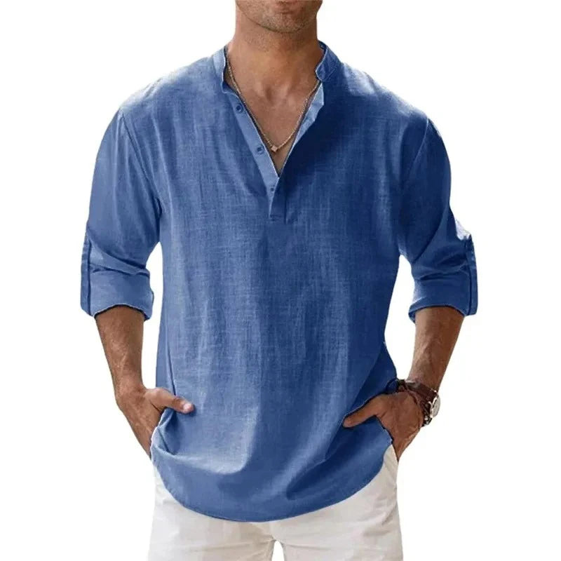 Men’s Cotton-Linen Long Sleeve Shirt – Henley Style, Lightweight & Breathable