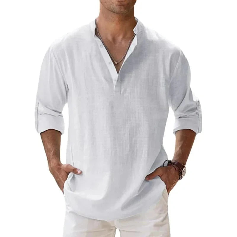 Men’s Cotton-Linen Long Sleeve Shirt – Henley Style, Lightweight & Breathable
