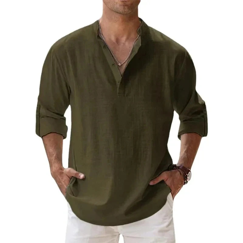 Men’s Cotton-Linen Long Sleeve Shirt – Henley Style, Lightweight & Breathable