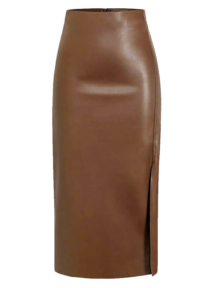 Long Black Leather Skirt With Slit For Women Slim High Waist Bege Office PU Skirts Zipper Women Brown Maxi Skirt Leather Bodycon