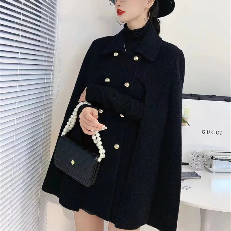 Elegant Knitted Coat  Lapel Double Breasted Loose Casual Thick Warm Cape Jacket Women 2025
