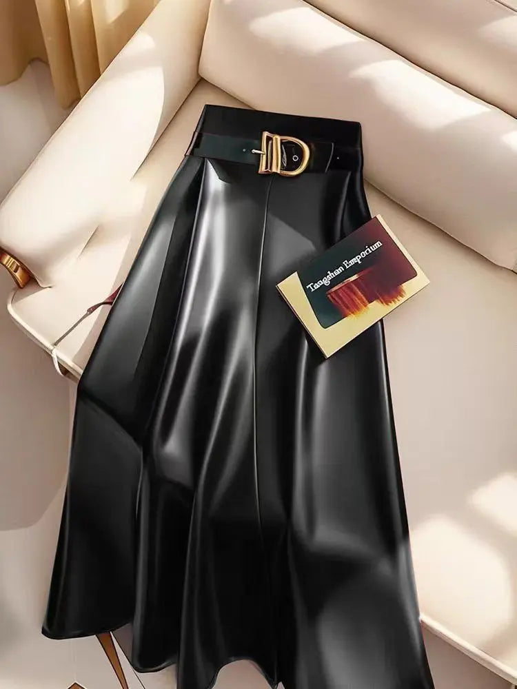 High end goddess style high-end red PU skirt for women new Leather midi skirt, mid length umbrella skirt