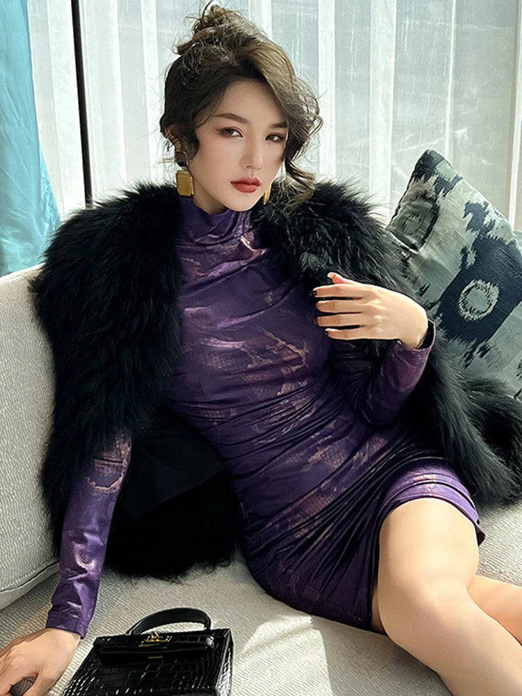 Retro Elegant Fashion Dresses for Women  Purple Snake Print Bodycon Skinny Mini Dress Party Femme Clothes Prom Club Vestidos