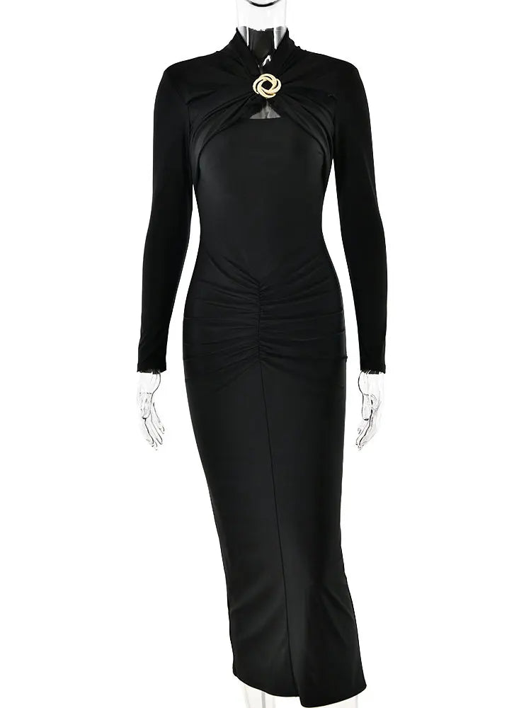 Women's 2025 Sexy Hollow Out Ruched Maxi Dress – Elegant Slim Fit Long Sleeve Slit Gown for Autumn/Winter Parties & Evenings