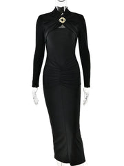 Women's 2025 Sexy Hollow Out Ruched Maxi Dress – Elegant Slim Fit Long Sleeve Slit Gown for Autumn/Winter Parties & Evenings